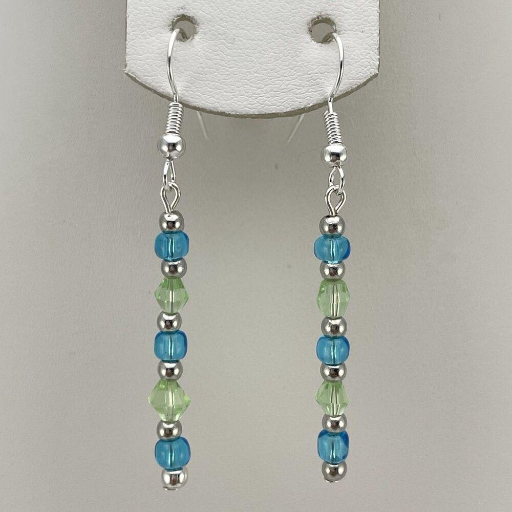 Artisan Handmade Earrings Blue Green Glass Dainty Dangle Silver Tone
